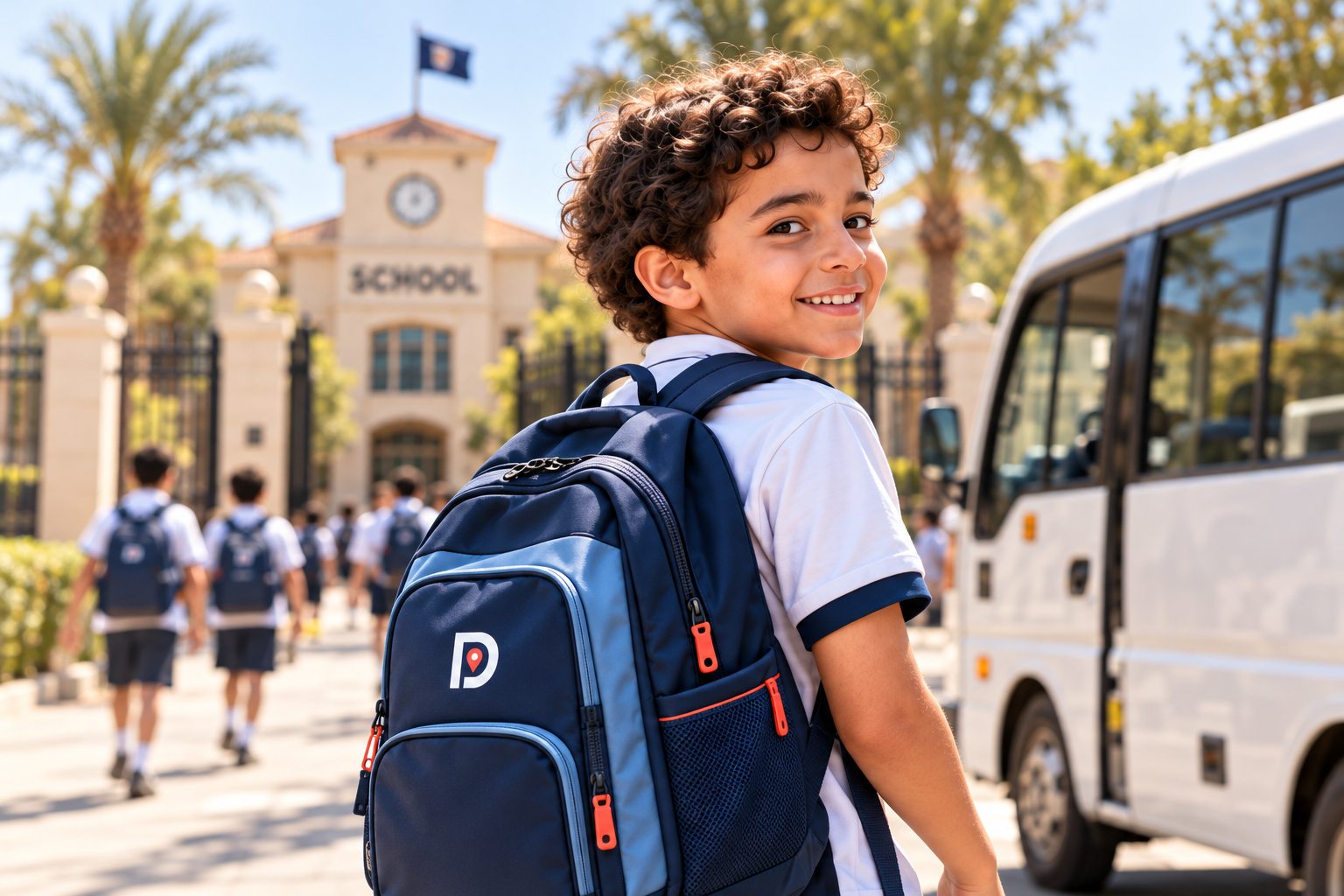 Smiling student with a DROP backpack beside a school bus outside school