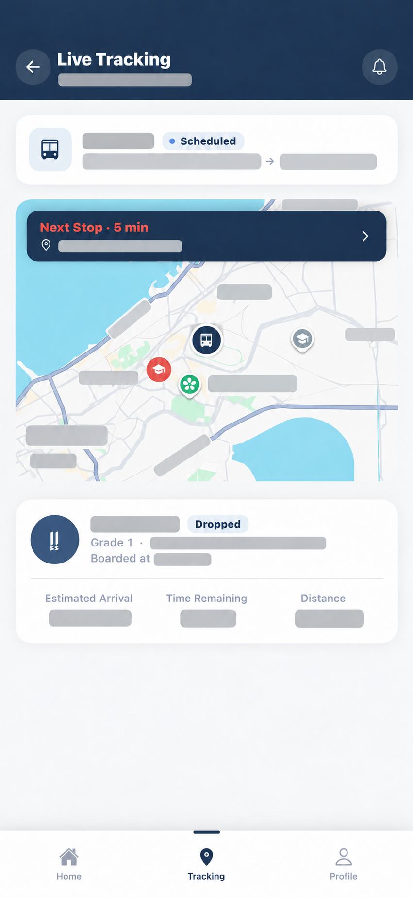 DROP app tracking screen with child and location details obscured